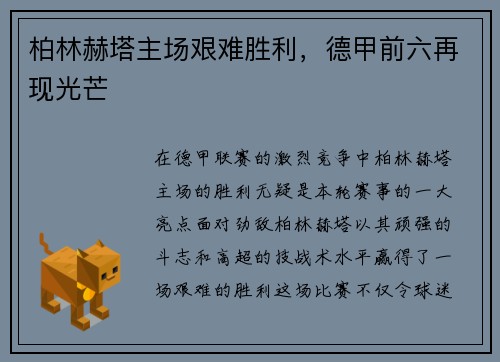 柏林赫塔主场艰难胜利，德甲前六再现光芒
